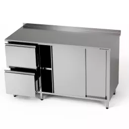 Nerezový pracovní stůl se skříňkou a blokem zásuvek 230x70x85 cm
