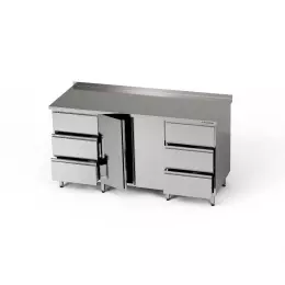 Nerezový pracovní stůl se skříňkou a 2 bloky po 3 zásuvkách 220x70x85 cm