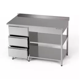 Nerezový pracovní stůl s blokem zásuvek a dvěma policemi 220x70x85 cm