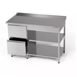 Nerezový pracovní stůl s blokem zásuvek a dvěma policemi 210x70x85 cm