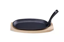 Litinový talíř s dřevěným podstavcem a rukojetí