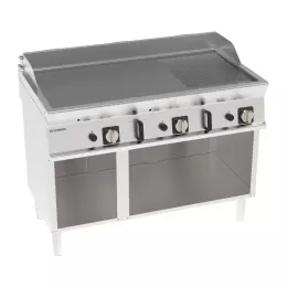 Plynový gril, 2/3 hladký, 1/3 žebrovaný, chromovaný, kartáčovaný, na otevřeném podstavci 120 cm