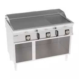 Elektrická grilovací deska, 2/3 hladká, 1/3 vlnitá, chromovaná, kartáčovaná, na otevřeném podstavci, 120 cm, 400V Tecno74