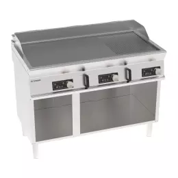 Elektrický gril, elektronické ovládání, 2/3 hladký, 1/3 vlnitý, chromovaný, kartáčovaný, na otevřeném podstavci, 120 cm, 400V Tecno74